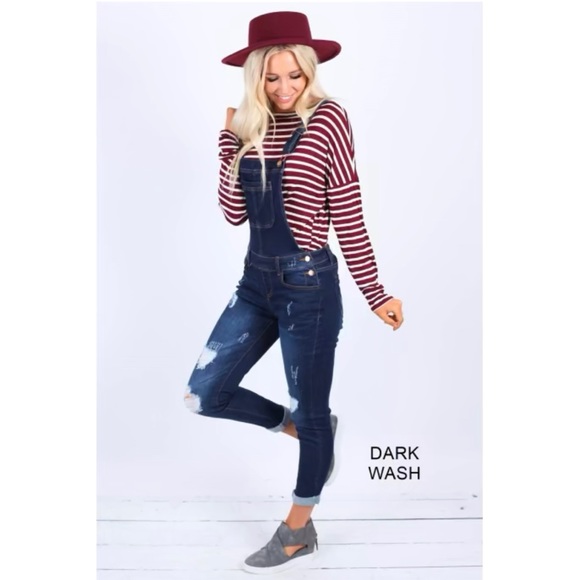 DARK DENIM WASH DISTRESSED OVERALLS - Picture 2 of 4